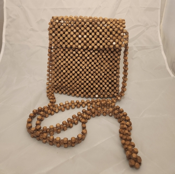 Hand Crafted Handbags - 8" Tan Wood Beaded Hand Bag Purse 60" Long Strap